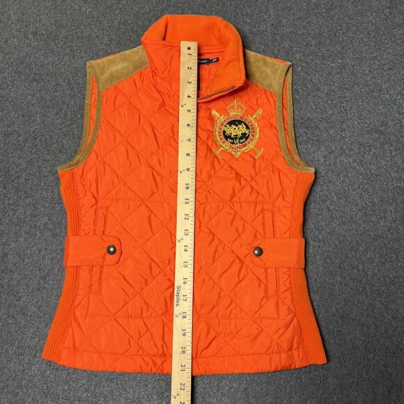 Ralph Lauren Sport Equestrian Crest Quilted Vest Orange Tan Suede Trim Womens SM - Picture 4 of 14